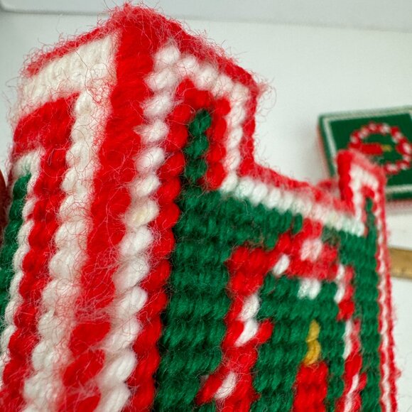 7 Vintage Christmas Holiday Plastic Canvas Coasters w Holder Yarn Candle Design - Picture 4 of 11